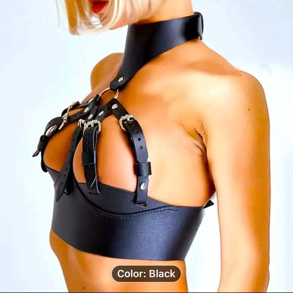 Black faux leather harness with adjustable straps main image 7